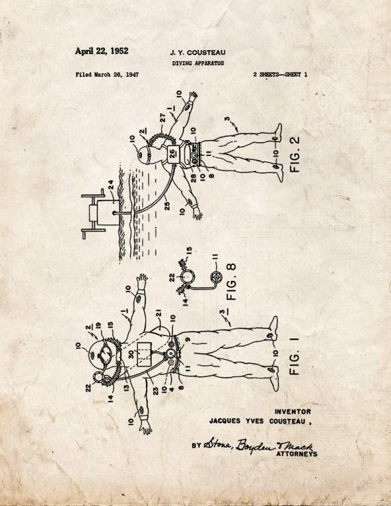 Jacques Cousteau Diving Apparatus Patent Print