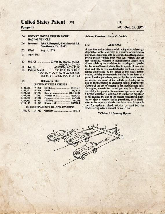 Rocket Motor Driven Model Racing Vehicle Patent Print