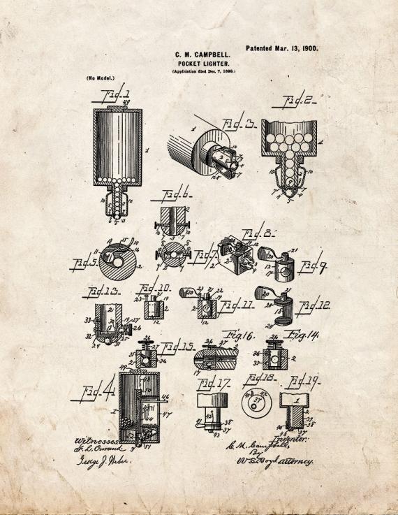 Pocket Lighter Patent Print