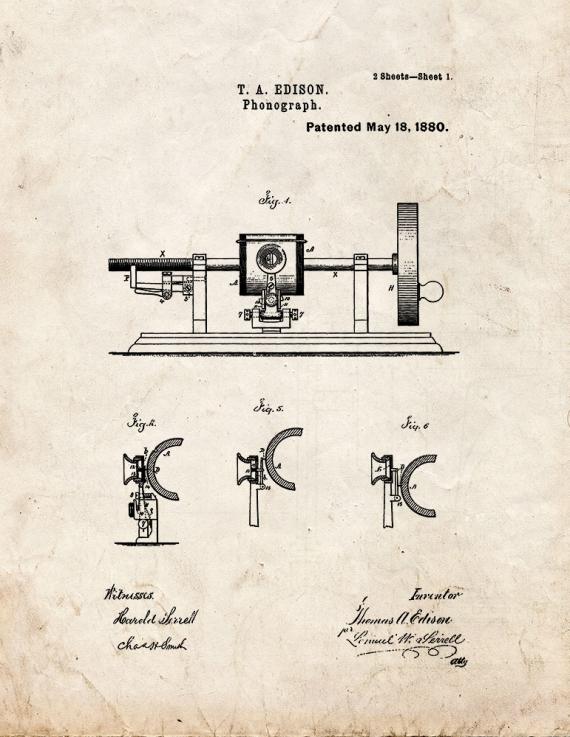 Thomas Edison Phonograph Patent Print