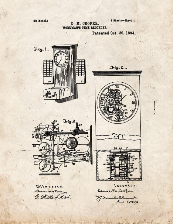 Workman's Time Clock Patent Print