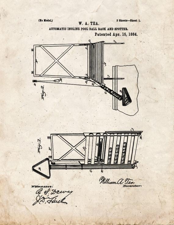 Automatic Incline Pool-Ball Rack And Spotter Patent Print