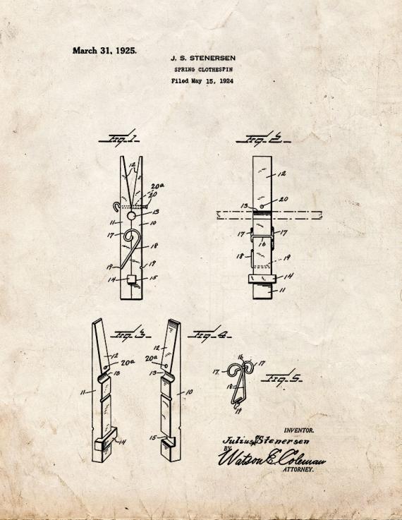 Spring Clothespin Patent Print
