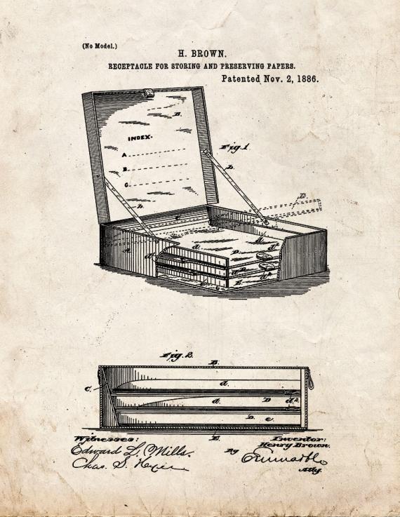 Receptacle For Storing And Preserving Paper Patent Print