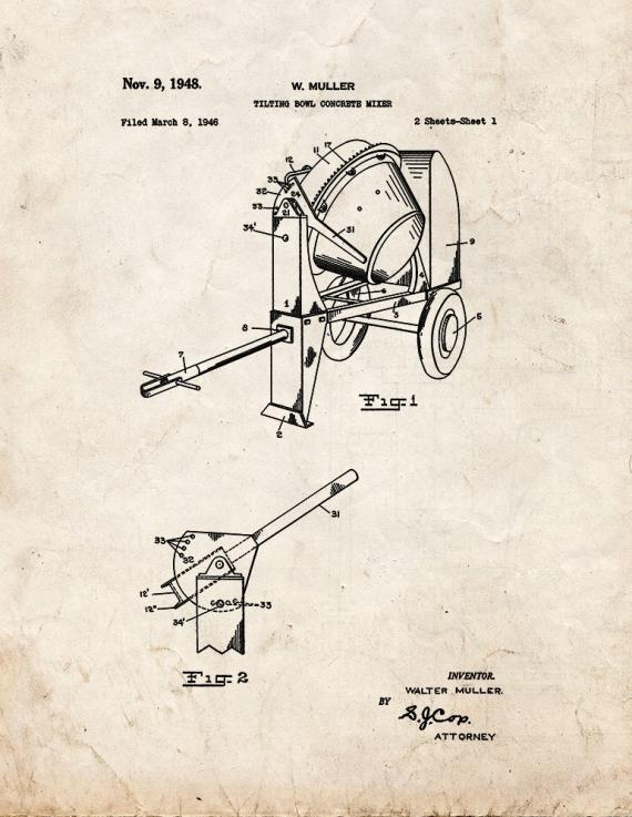 Tilting Bowl Concrete Mixer Patent Print