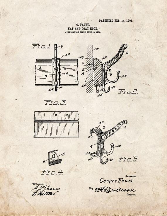 Hat and Coat Hook Patent Print