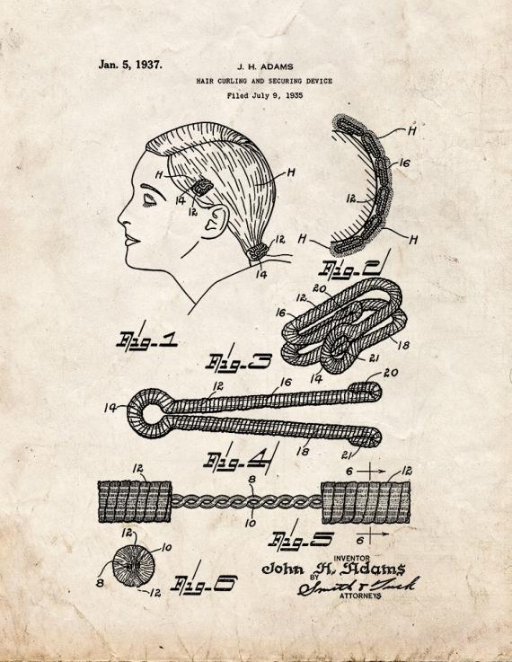 Hair Curling and Securing Device Patent Print