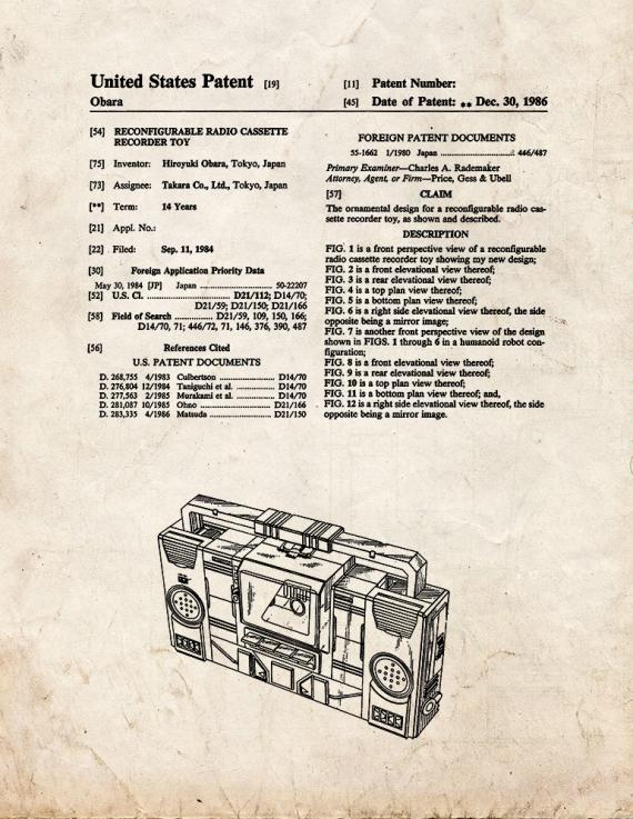 Transformers Reconfigurable Radio Cassette Recorder Toy Patent Print