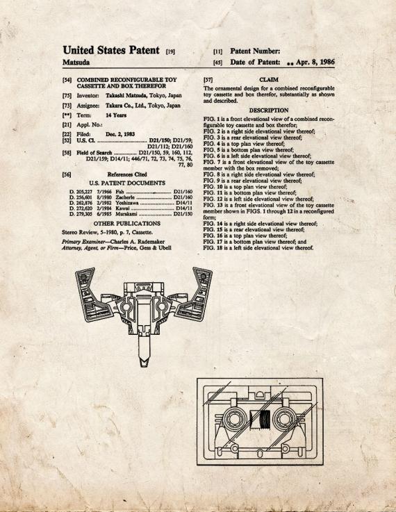 Transformers Combined Reconfigurable Toy Cassette And Box Patent Print
