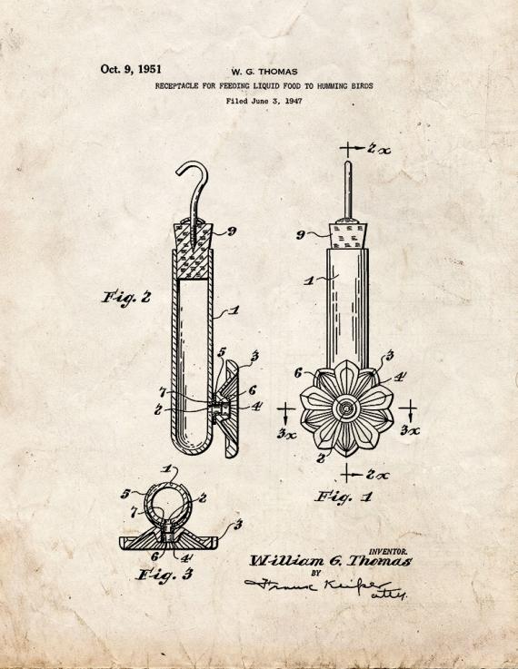 Humming Bird Feeder Patent Print