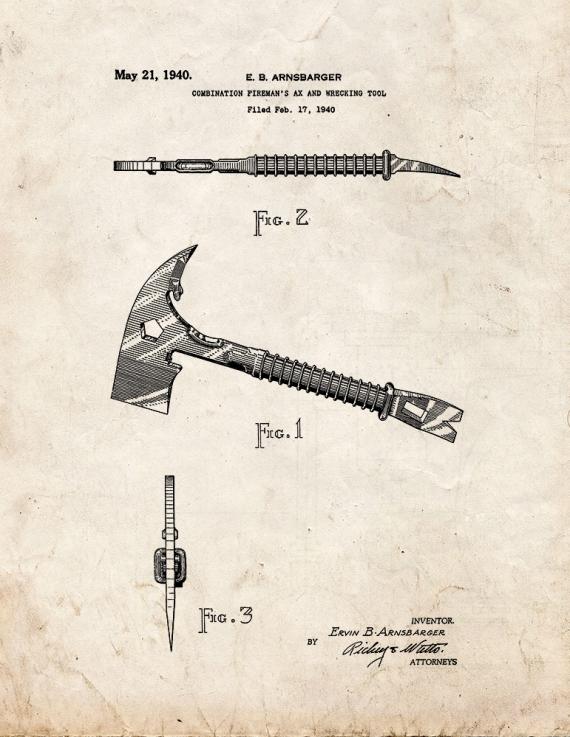 Combination Fireman's Ax And Wrecking Tool Patent Print