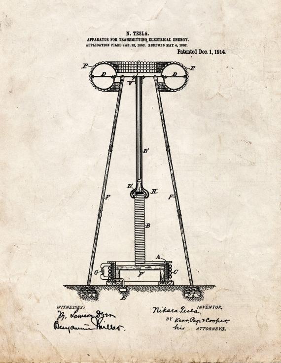 Tesla Apparatus For Transmitting Electrical Energy Patent Print