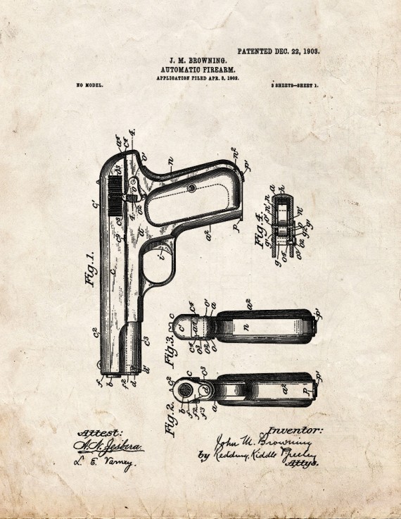 Colt Model 1903 Pocket Hammerless Automatic Pistol Patent Print