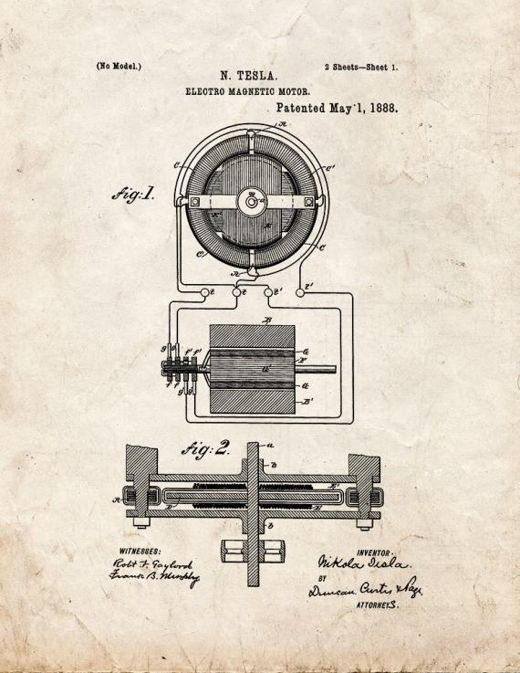 Tesla Electro-magnetic Motor Patent Print