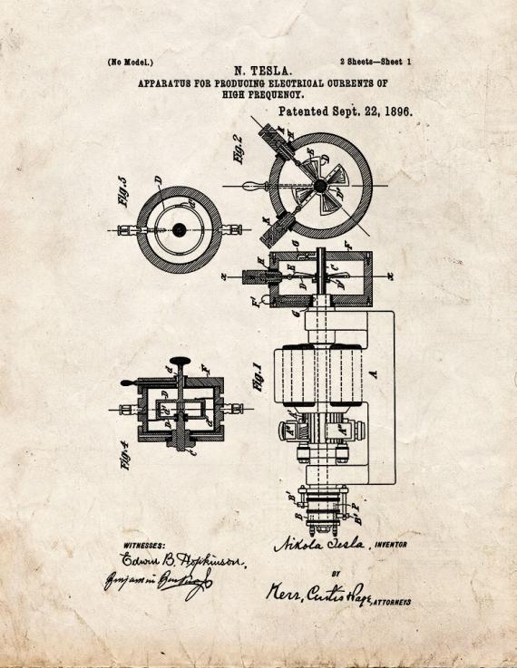 Tesla Apparatus For Producing Electrical Currents Of High Frequency Patent Print