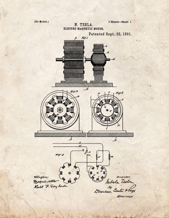 Tesla Electro Magnetic Motor Patent Print