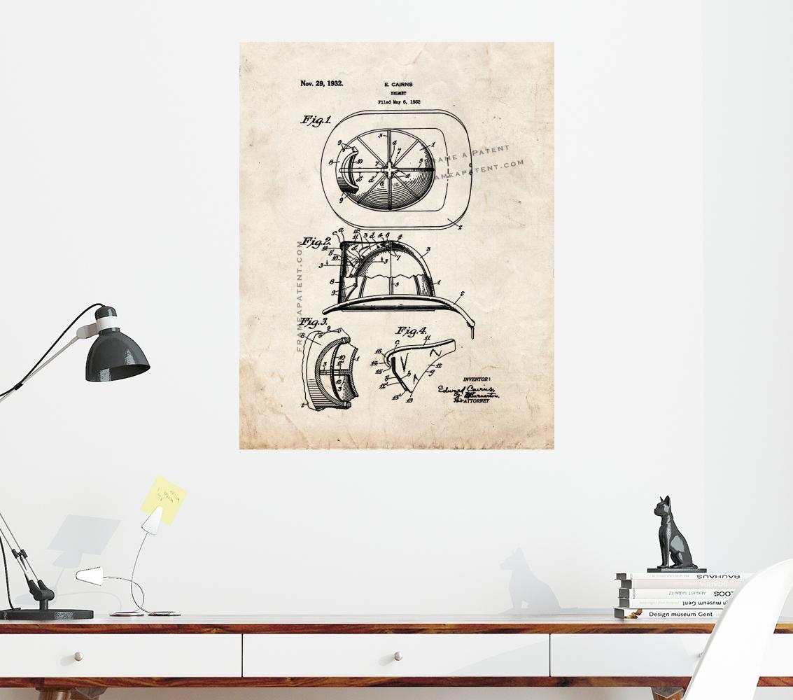 Cairns Fireman Helmet Patent Print Old Look