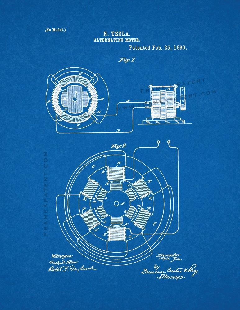 Tesla Alternating Motor Patent Print Poster Item 11131 Frame A