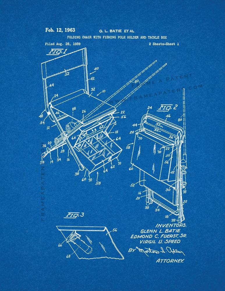 Folding Chair With Fishing Pole Holder and Tackle Box Patent Print -  Blueprint (5x7)