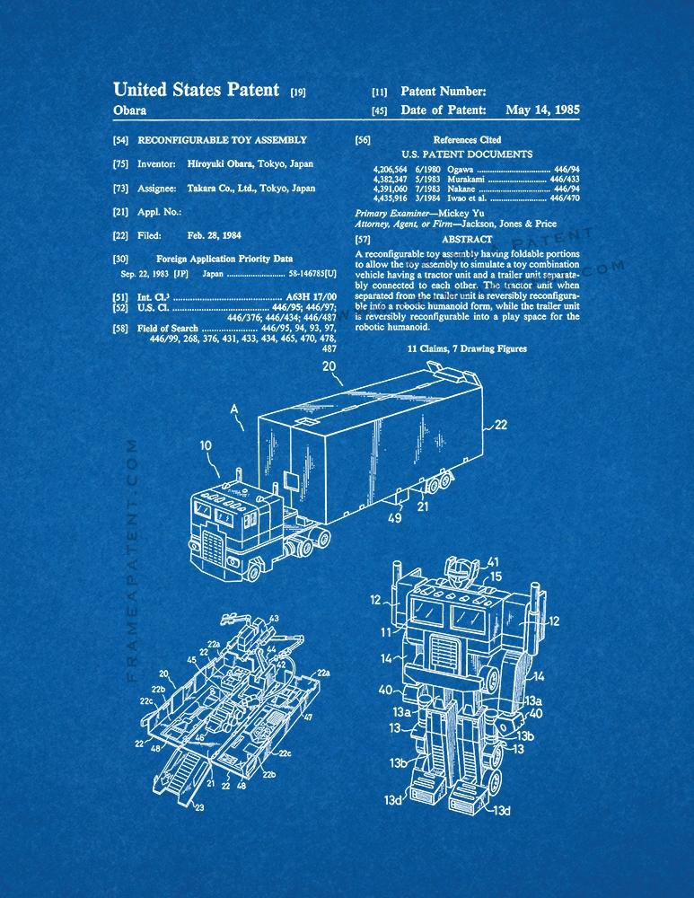 Transformers OPTIMUS PRIME G1 US Patent Art Print READY TO FRAME Obara 1983 