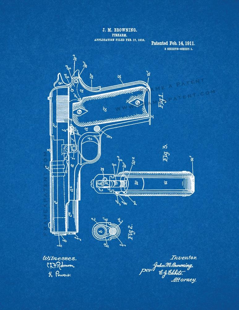 1911 Handgun Browning Official Patent Blueprint Framed Poster 14x20 inch Poster Foundry 180753 