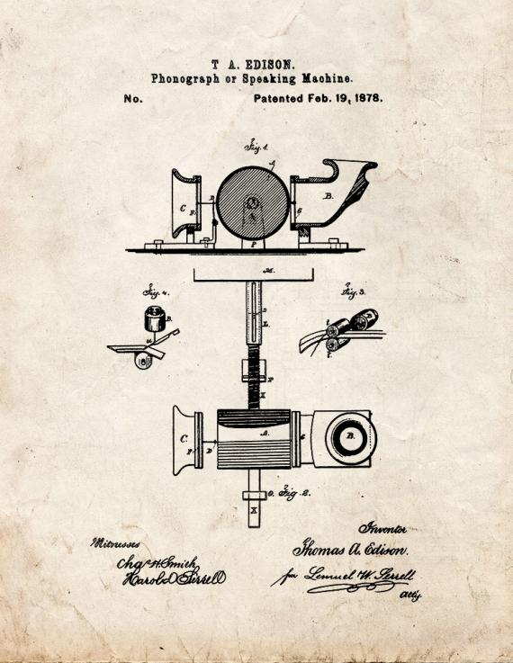 Thomas Edison Phonograph Or Speaking Machine Patent Print
