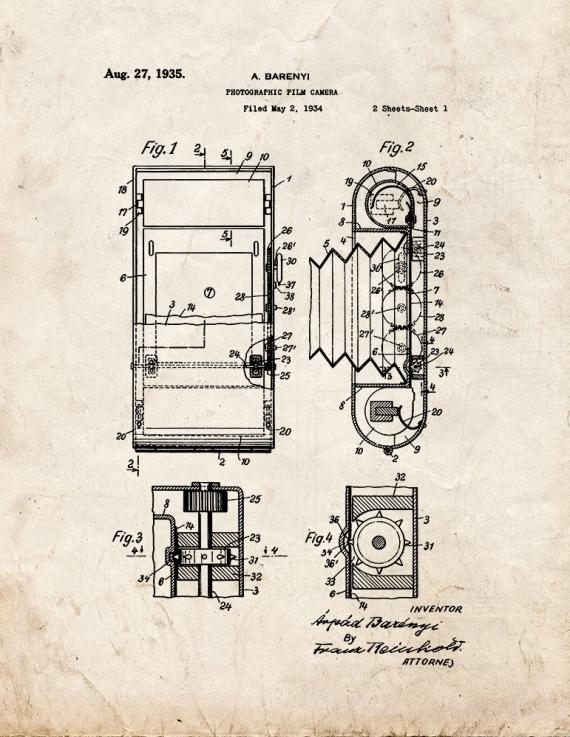 Photographic Film Camera Patent Print