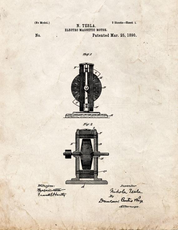 Tesla Electro Magnetic Motor Patent Print