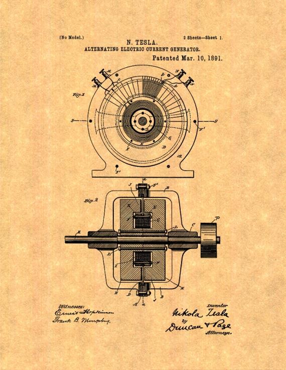 Tesla Alternating Electric Current Generator Patent Print