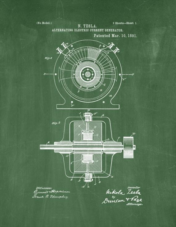 Tesla Alternating Electric Current Generator Patent Print