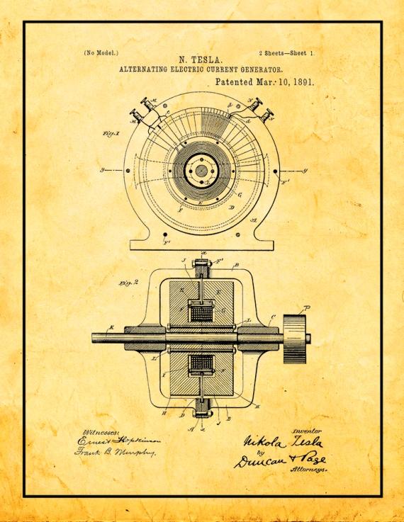 Tesla Alternating Electric Current Generator Patent Print