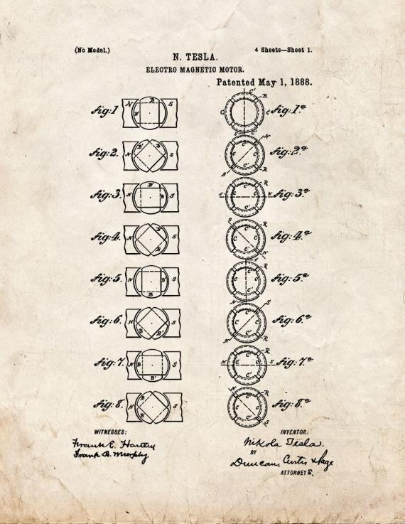 Tesla Electro-magnetic Motor Patent Print