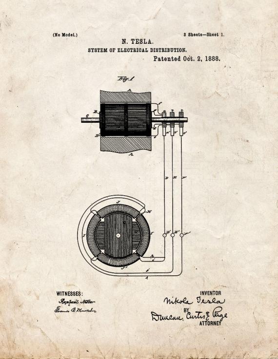 Tesla System Of Electrical Distribution Patent Print