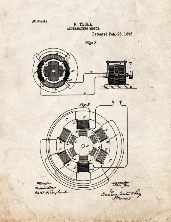 Tesla Alternating Motor Patent Print