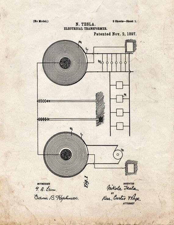 Tesla Electrical Transformer Patent Print