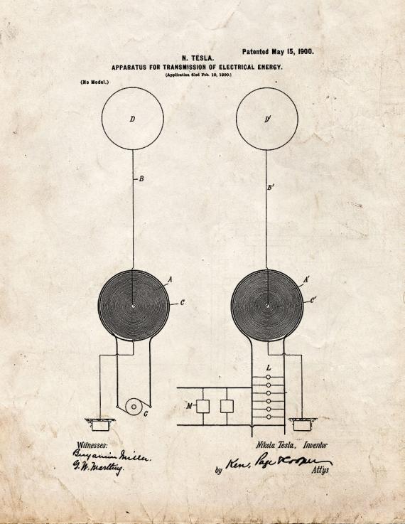Tesla Transmission Of Electrical Energy Patent Print
