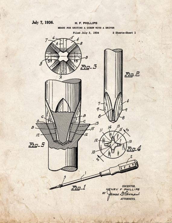 Phillips head Screwdriver Patent Print