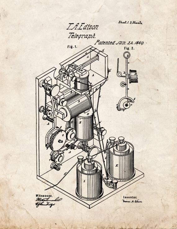 Thomas Edison Telegraph Patent Print