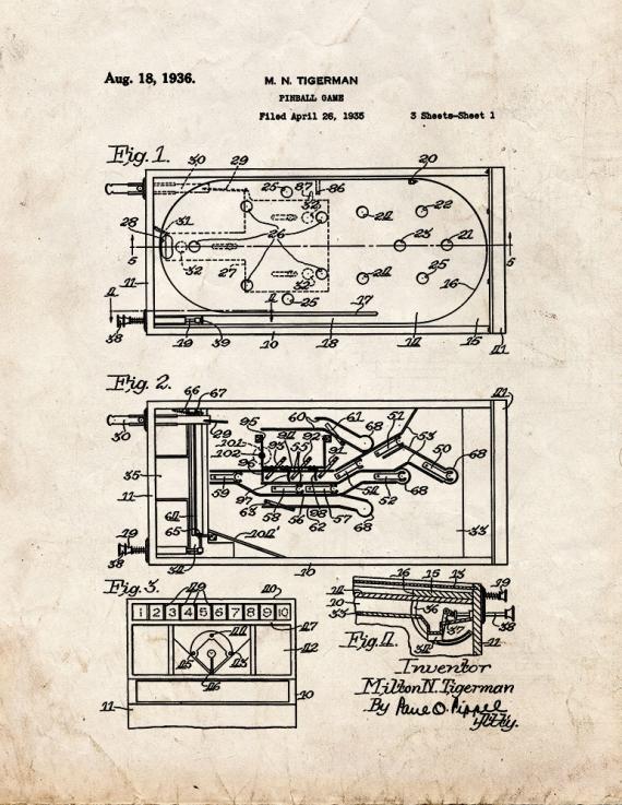 Pinball Game Patent Print