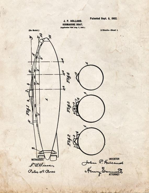 Submarine Boat Patent Print