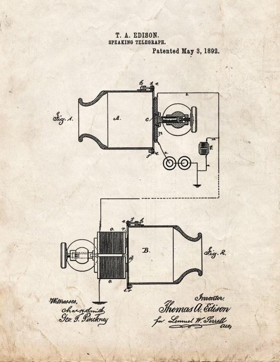 Thomas Edison Speaking-telepgraph Patent Print