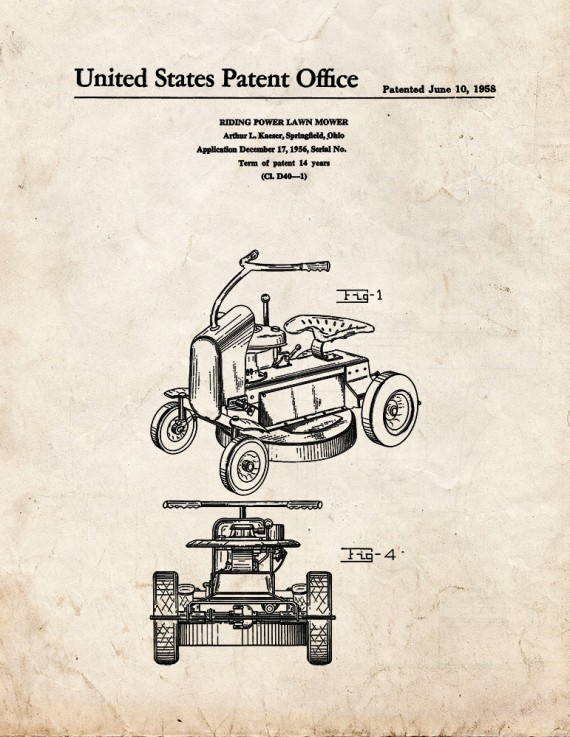 Riding Power Lawn Mower Patent Print
