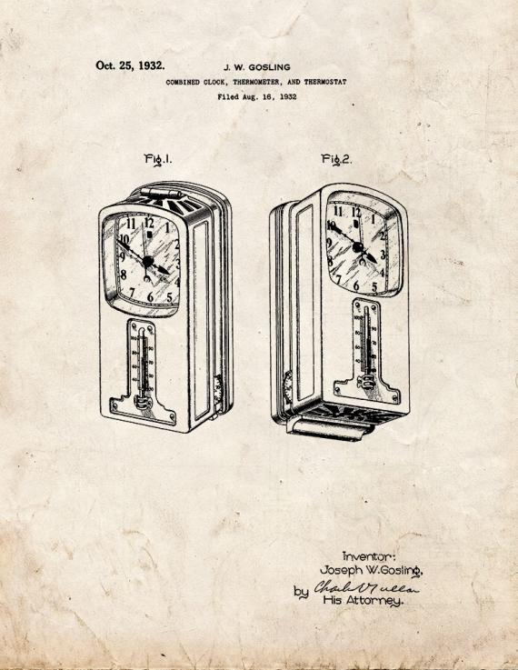 Combined Clock Thermometer Thermostat Patent Print