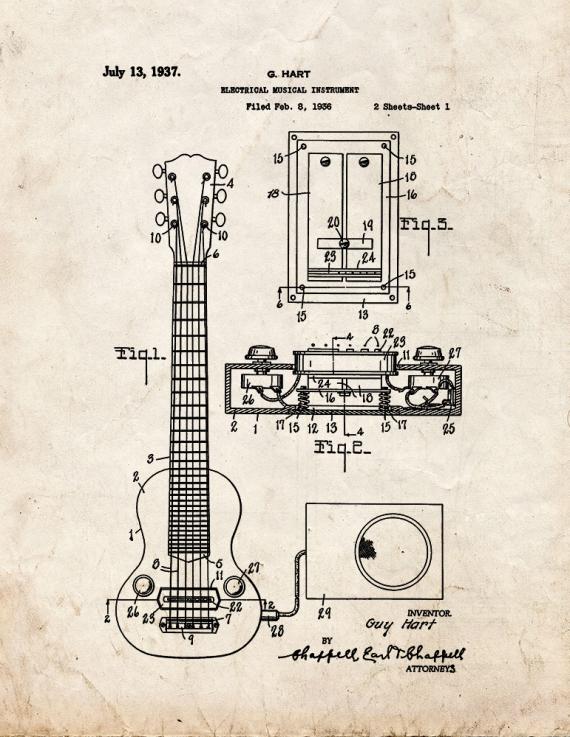 Hart Electric Guitar Pickup Patent Print