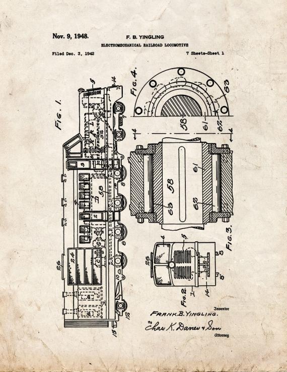 Electromechanical Railroad Locomotive Patent Print