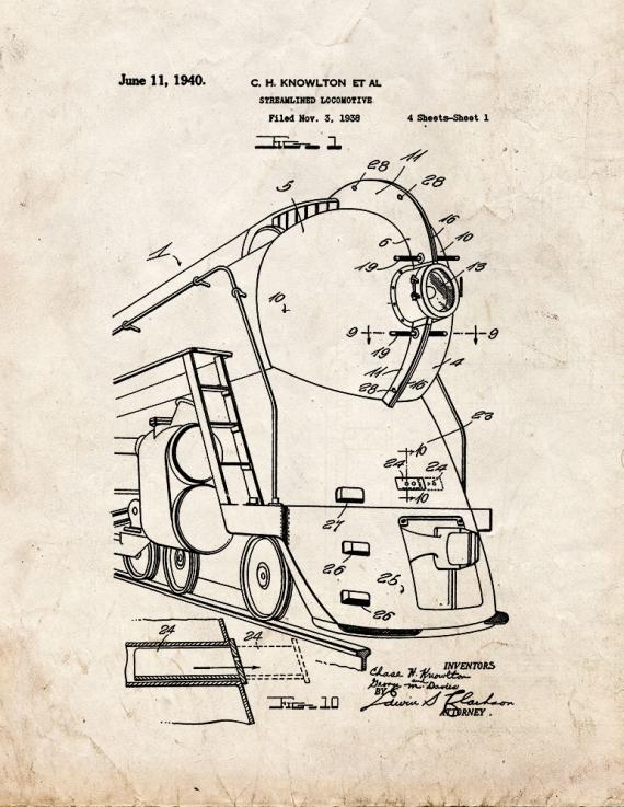 Streamlined Locomotive Patent Print