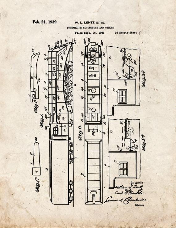 Streamline Locomotive And Tender Patent Print