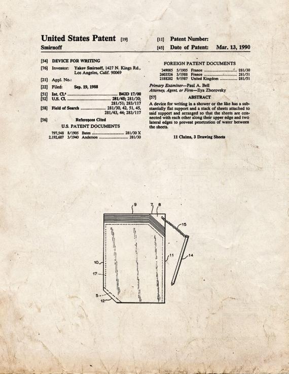 Device For Writing Patent Print