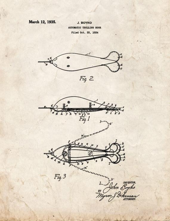 Automatic Trolling Hook Patent Print