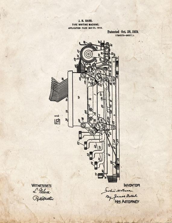 Type Writing Machine Patent Print